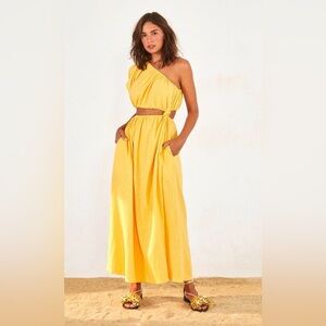 Farm Rio- Yellow One Shoulder Open Waist Linen Blend Maxi. Size S